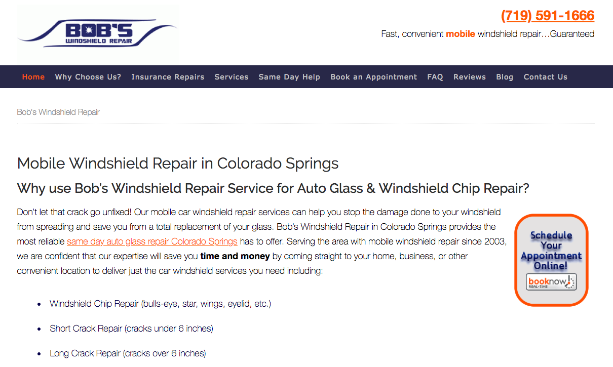 Bobs Windshield Repair Website Screenshot